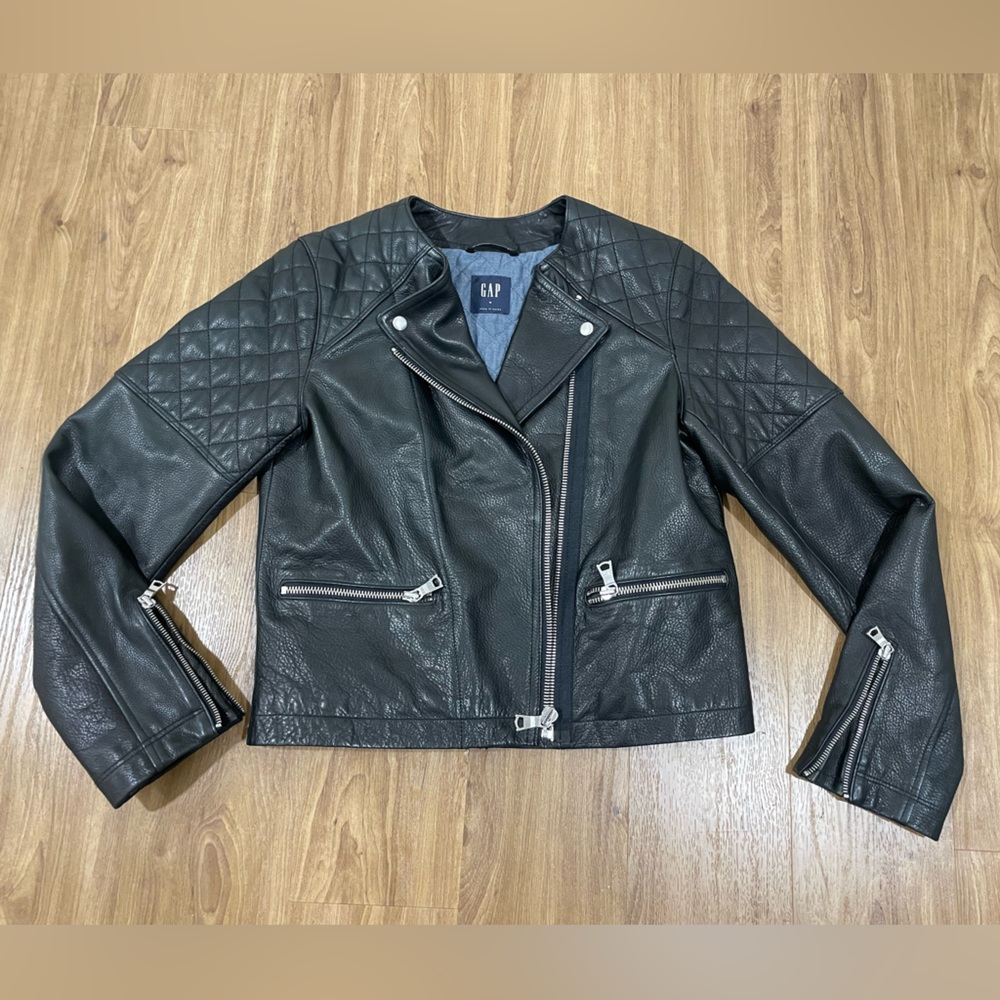 GAP Black Leather Moto Jacket, Women’s Medium